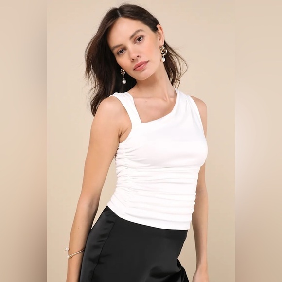 Lulus Tops - Lulus Ikuko Ivory Asymmetrical Ruched Sleeveless Top